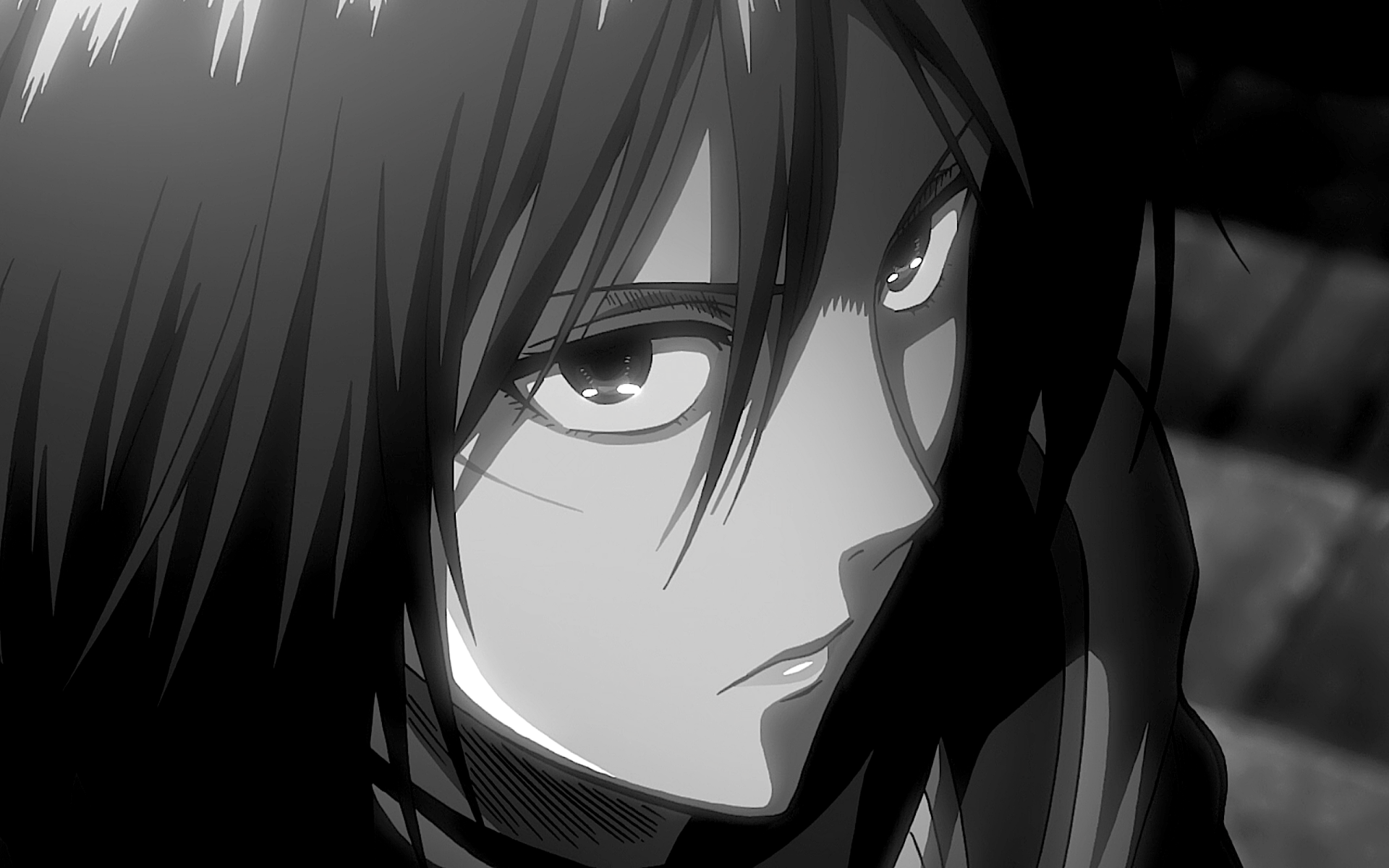 Black & white HD desktop wallpaper of Mikasa Ackerman from the anime Attack on Titan, showcasing her intense expression up close.