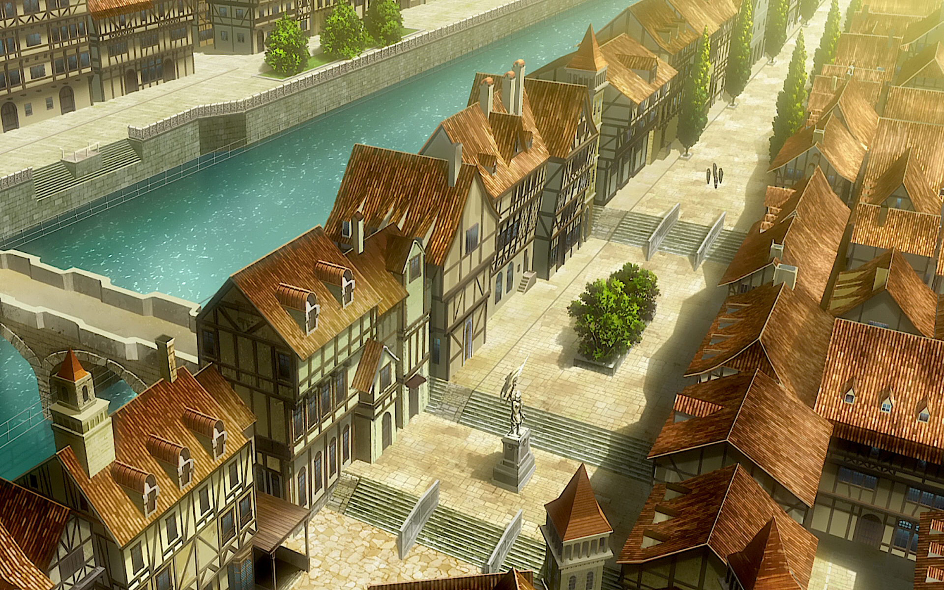 HD desktop wallpaper of Anime 'Attack on Titan' featuring a scenic city landscape with medieval-style architecture, a river, and a bridge. 