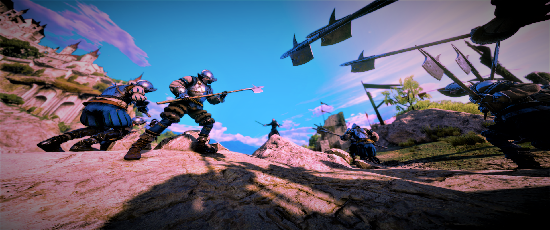 HD PC desktop wallpaper featuring a dynamic fantasy battle scene from The Witcher 3: Wild Hunt - Blood and Wine video game, showcasing armored warriors under a vibrant sky.