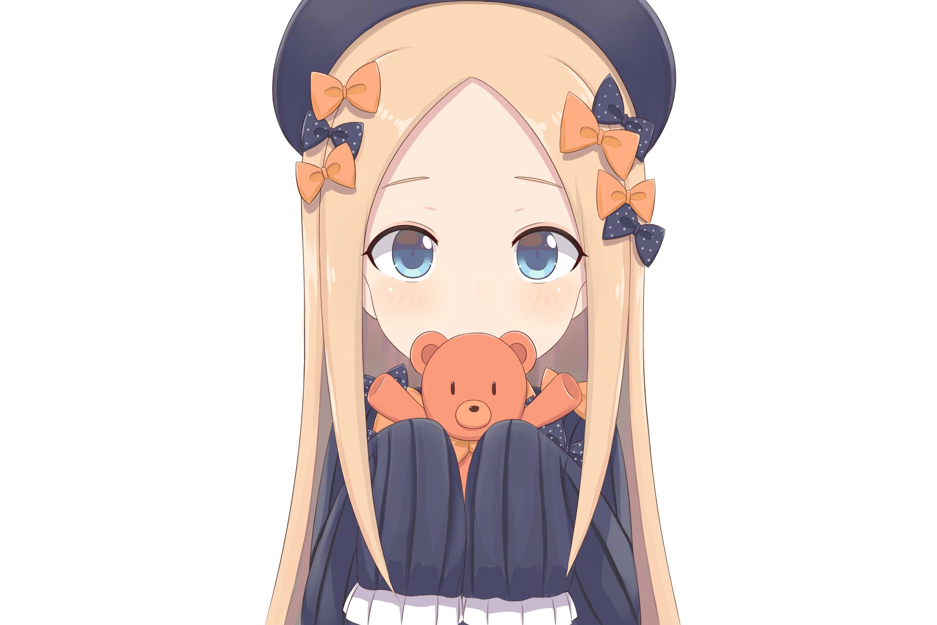 Anime-style 4K wallpaper of Abigail Williams from Fate/Grand Order with blonde hair, aqua eyes, and a teddy bear, designed as a PC desktop background.