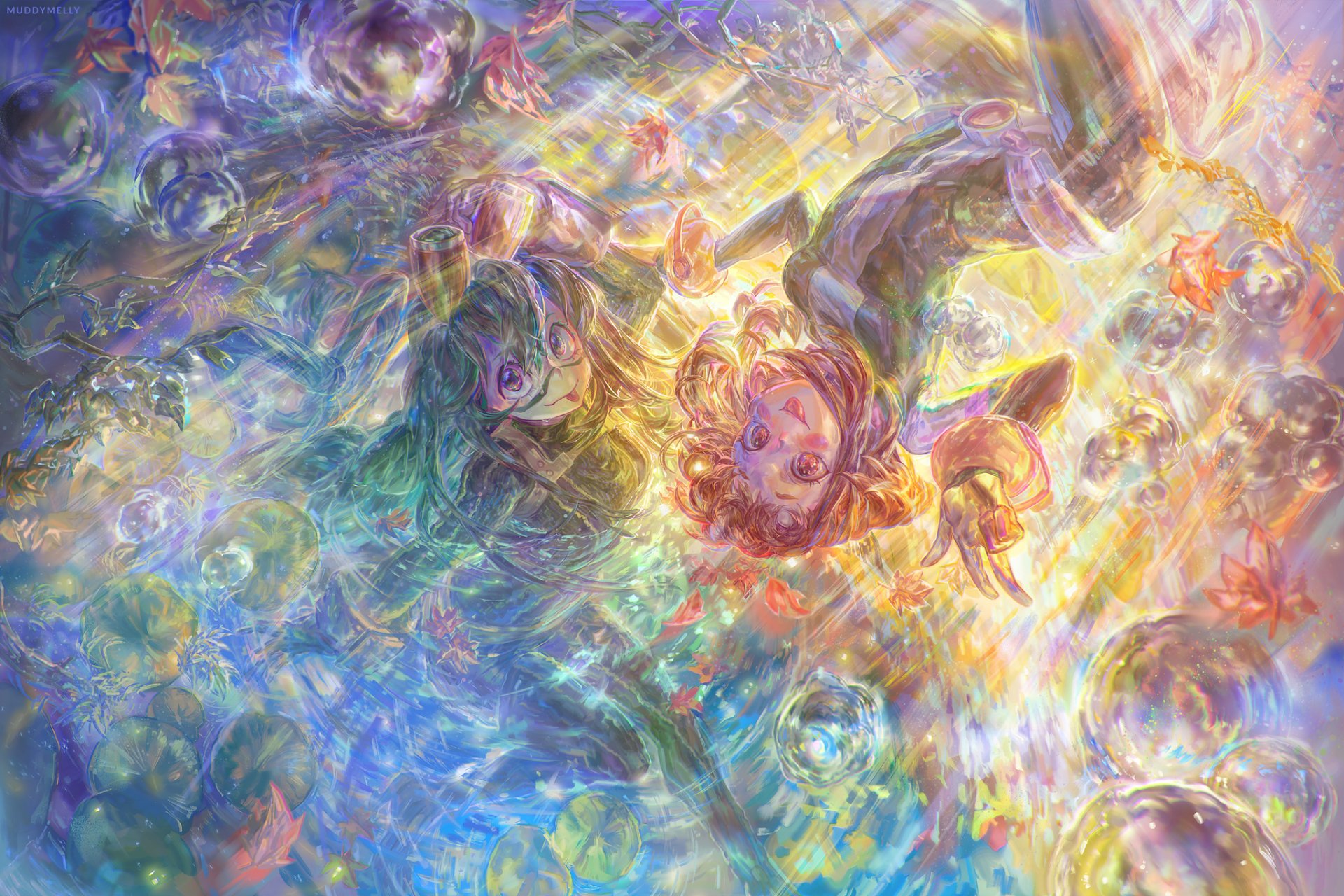 HD PC desktop wallpaper featuring vibrant, dynamic art of Tsuyu Asui and Ochaco Uraraka from the anime My Hero Academia.