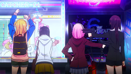 HD desktop wallpaper featuring characters from the anime Citrus, including Mei Aihara, Yuzu Aihara, and Matsuri Mizusawa, enjoying time at an arcade. They are surrounded by vibrant arcade game lights.