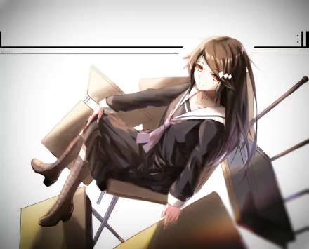 HD PC desktop wallpaper featuring an anime-style character from the video game Forever 7th Capital, showcasing a dark school uniform and a dynamic pose with a chair.