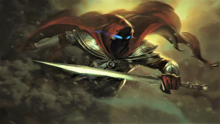 A fantasy warrior in armor and a hooded cape wields a sword with glowing blue eyes, set against a dramatic, cloudy background. HD desktop wallpaper and background.