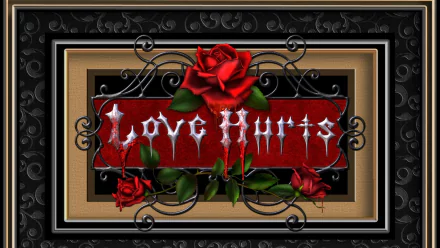 A gothic-themed HD desktop wallpaper featuring an artistic red rose and ornate frame, with the words Love Hurts in a dramatic design.
