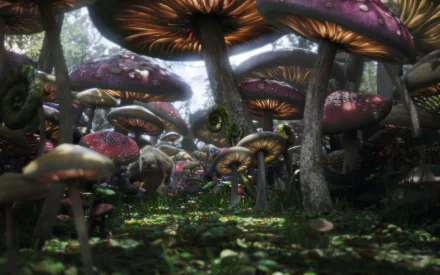 HD desktop wallpaper featuring a vibrant fantasy forest from Alice in Wonderland (2010) with colorful, massive mushrooms creating a magical atmosphere.