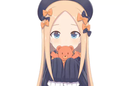 Anime-style 4K wallpaper of Abigail Williams from Fate/Grand Order with blonde hair, aqua eyes, and a teddy bear, designed as a PC desktop background.