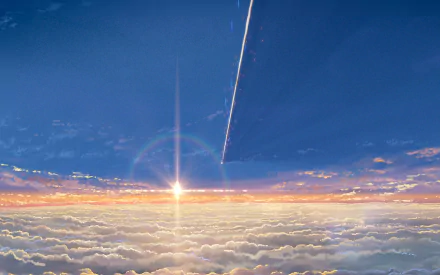 HD anime wallpaper featuring a scene from Your Name with a scenic sky, a radiant sun above the clouds, and a comet streaking across the horizon.