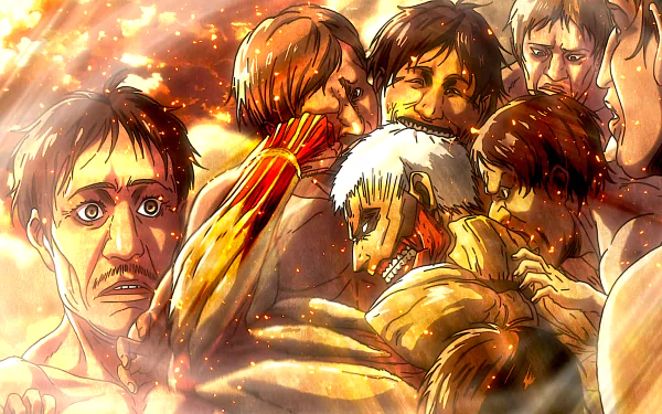 HD desktop wallpaper of Reiner Braun as the Armored Titan surrounded by other Titans, featuring a dramatic scene from the Anime Attack on Titan.