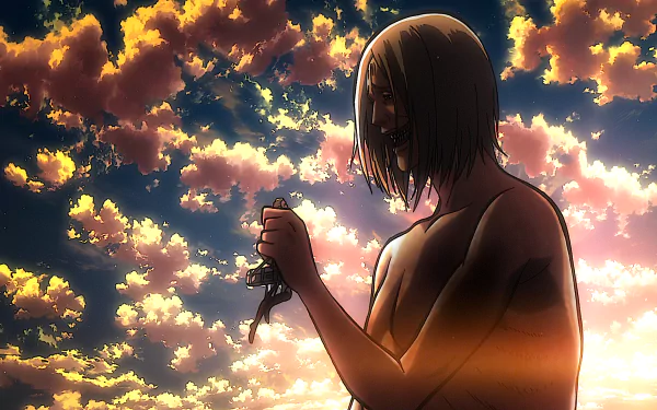 HD desktop wallpaper of the Smiling Titan from Attack on Titan anime, featuring a dramatic scene with vibrant, cloud-filled sunset sky in the background.
