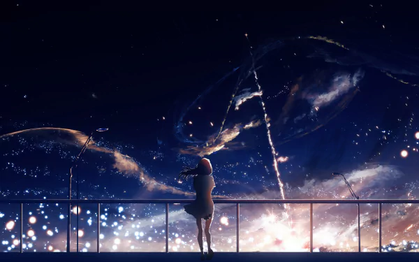 A captivating anime-style wallpaper featuring a figure standing on a balcony, gazing at a beautiful fantasy night sky filled with glowing stars and cosmic swirls.