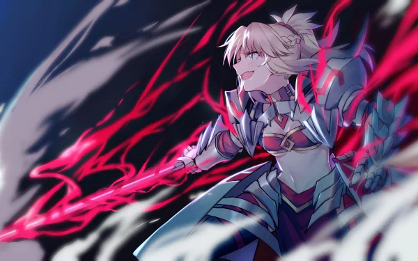 HD desktop wallpaper featuring Saber of Red, also known as Mordred, from Fate/Apocrypha and Fate/Grand Order. The vibrant image captures the character in dynamic action with red energy swirling around.