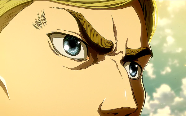 Close-up image of Erwin Smith from Attack on Titan, featuring his intense blue eyes and focused expression against a cloudy background. HD desktop wallpaper and background.