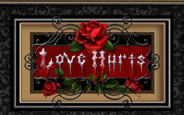 A gothic-themed HD desktop wallpaper featuring an artistic red rose and ornate frame, with the words Love Hurts in a dramatic design.