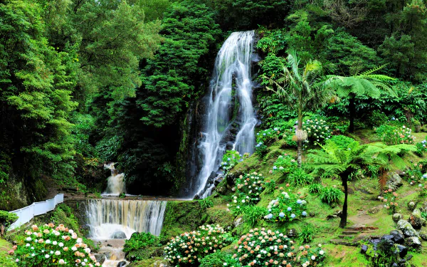 A serene garden in Portugal showcases vibrant spring flowers and lush greenery surrounding a cascading waterfall, captured in stunning 4K Ultra HD detail.