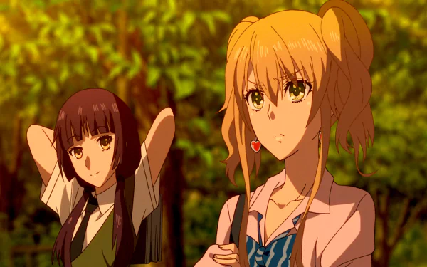 HD desktop wallpaper featuring Harumi Taniguchi and Yuzu Aihara from the anime Citrus. The background showcases a serene, sunlit forest setting, highlighting the characters in a calm and contemplative moment.