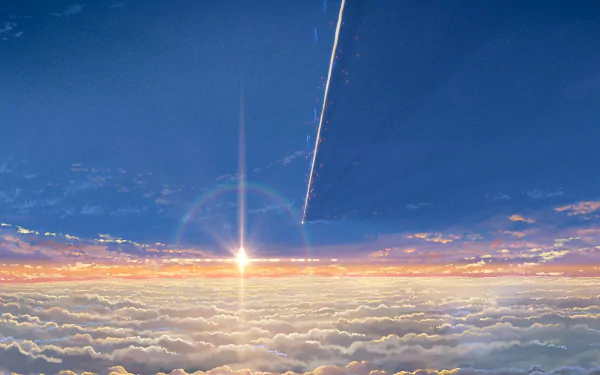HD anime wallpaper featuring a scene from Your Name with a scenic sky, a radiant sun above the clouds, and a comet streaking across the horizon.