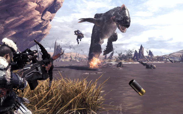 4K Ultra HD wallpaper featuring Jyuratodus, a fierce creature from Monster Hunter: World, engaged in a dramatic battle scene with hunters in a rugged landscape.