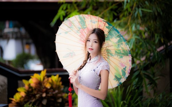 Women Asian Model Umbrella Dress Braid Brunette Depth Of Field Brown Eyes HD Wallpaper | Background Image