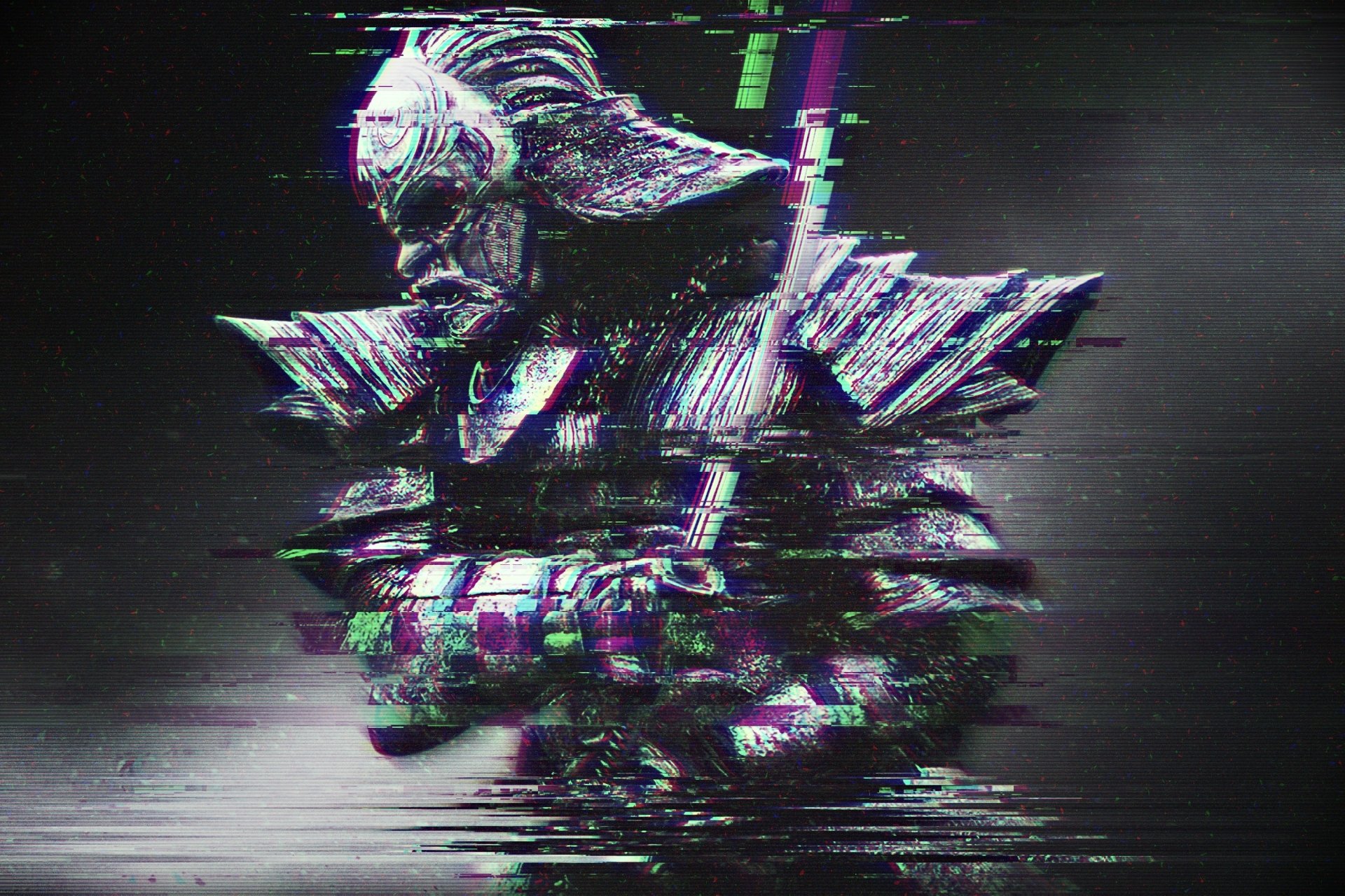 HD desktop wallpaper with glitch art depicting a fantasy samurai, blending traditional armor with digital distortion.
