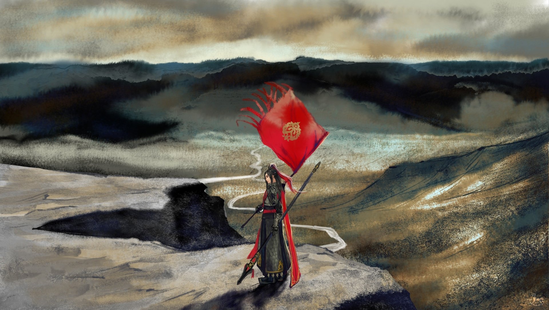 A fantasy landscape featuring an oriental woman warrior holding a lance and red banner, set against a dramatic mountainous backdrop in HD PC desktop wallpaper quality.
