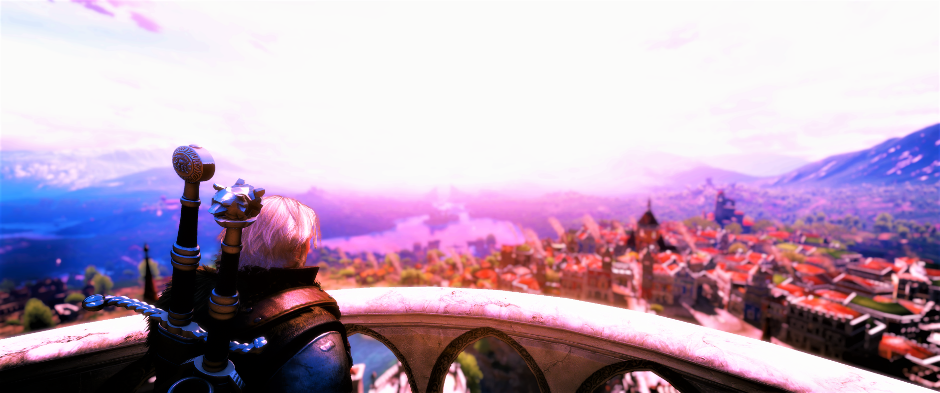 HD PC desktop wallpaper featuring a fantasy cityscape from The Witcher 3: Wild Hunt - Blood and Wine expansion, showcasing Geralt overlooking the vibrant world.