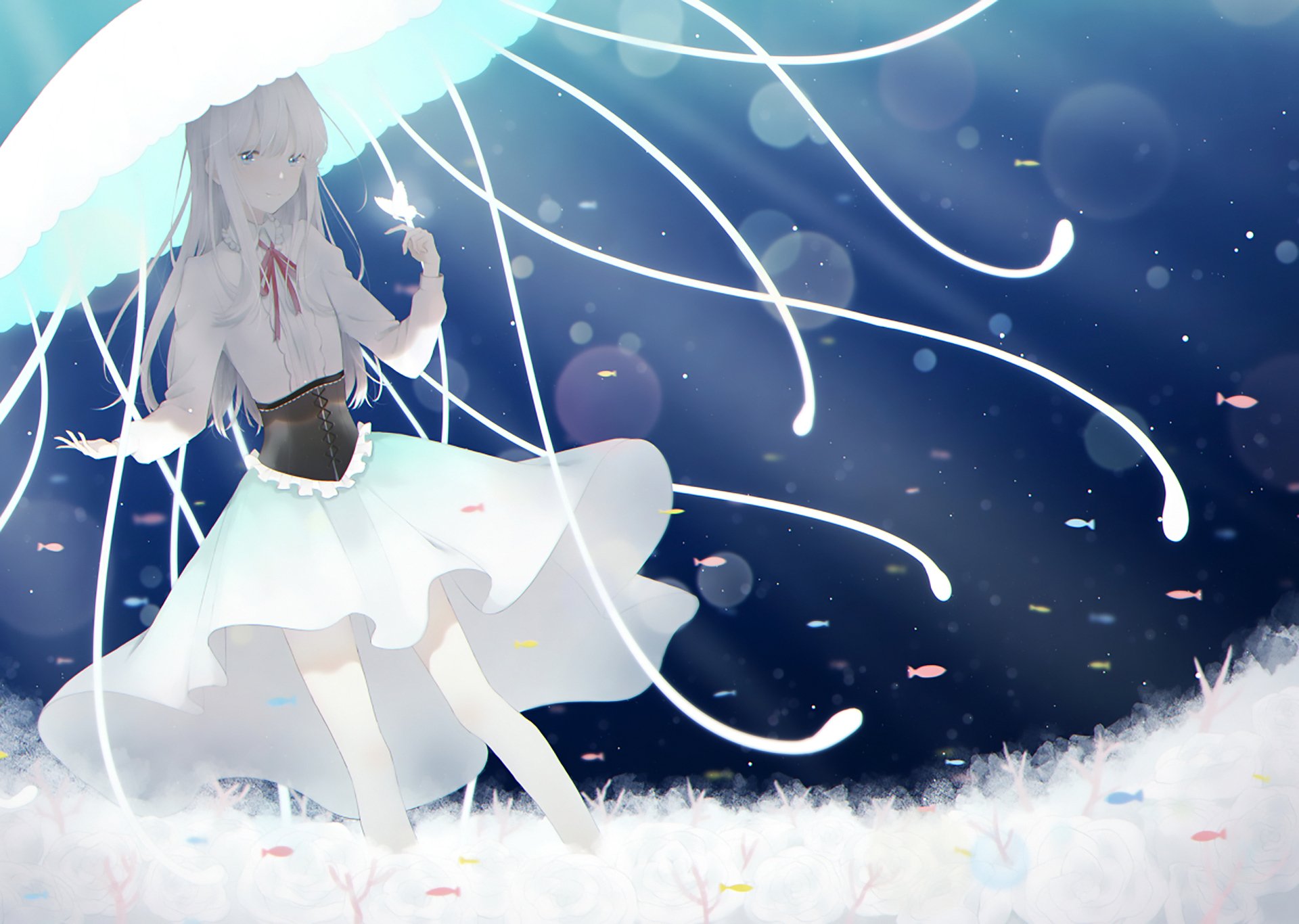 HD anime original desktop wallpaper featuring a girl in a white dress surrounded by glowing lines and soft blue light, creating a serene, ethereal atmosphere.