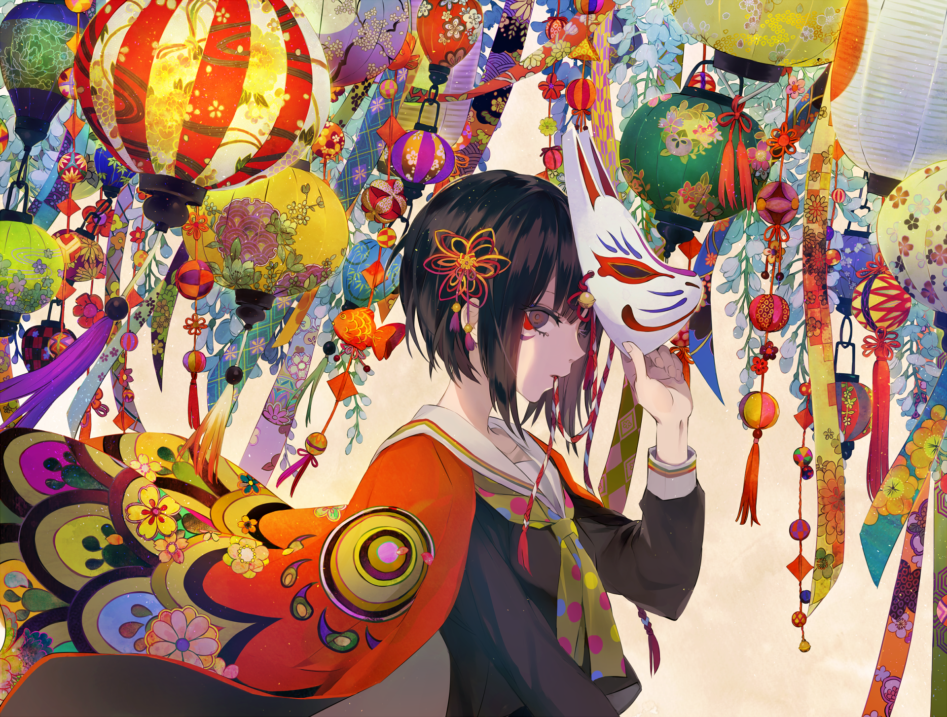 An original anime HD desktop wallpaper featuring a character holding a mask amidst a vibrant backdrop of colorful lanterns and decorations.