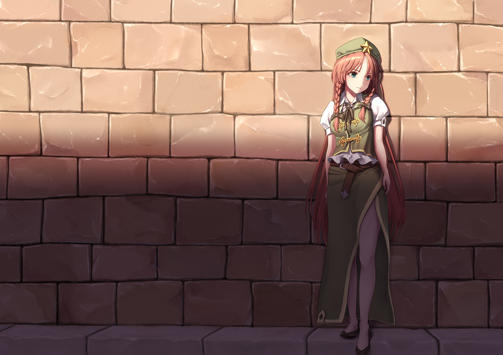 HD PC desktop wallpaper of Hong Meiling (Touhou) — anime character in a green uniform, standing in warm sunlight and shadow against a textured brick wall