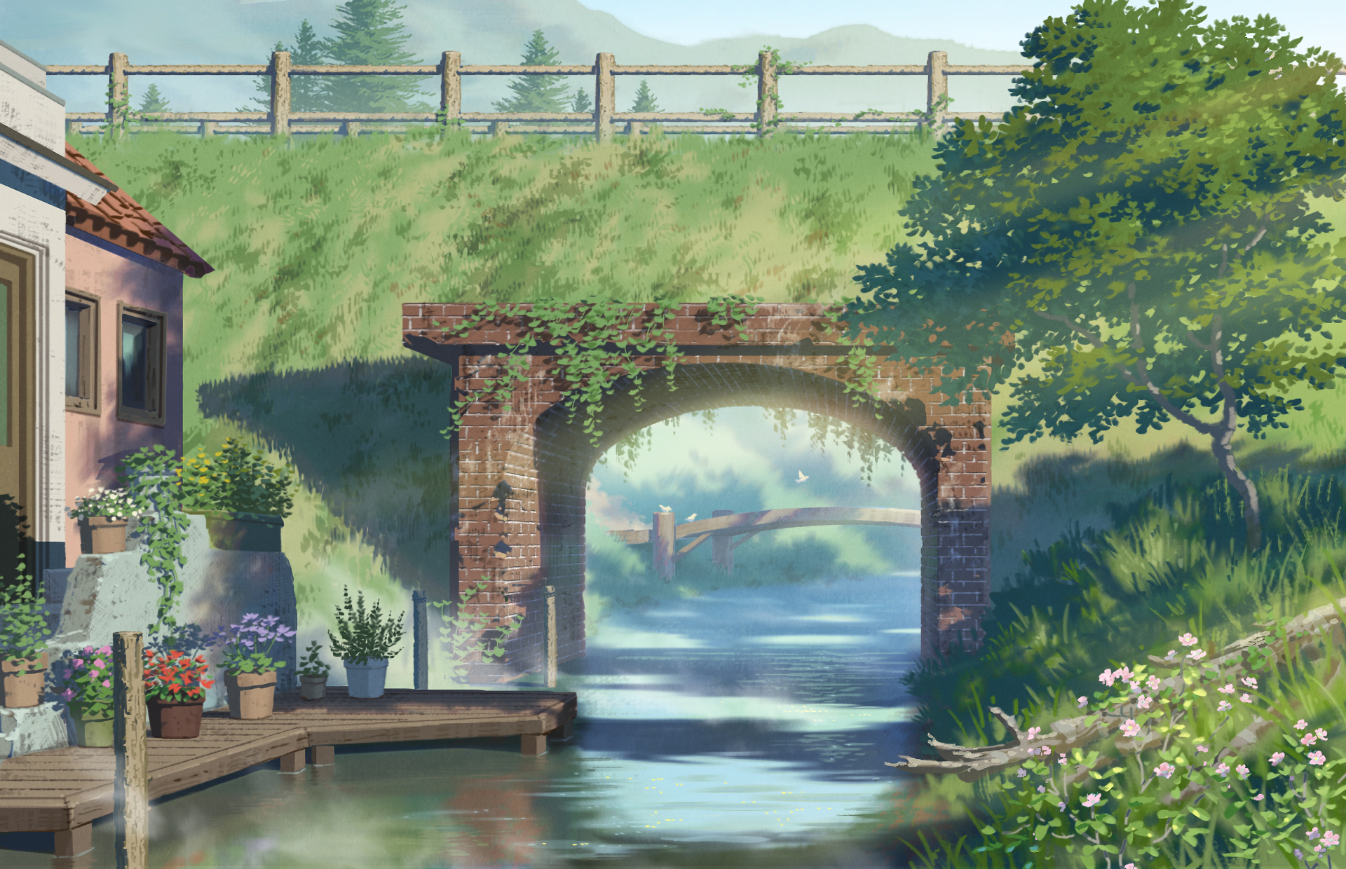 HD anime wallpaper featuring a serene waterside scene with lush greenery, a rustic brick bridge, and a cozy riverside house adorned with potted plants.