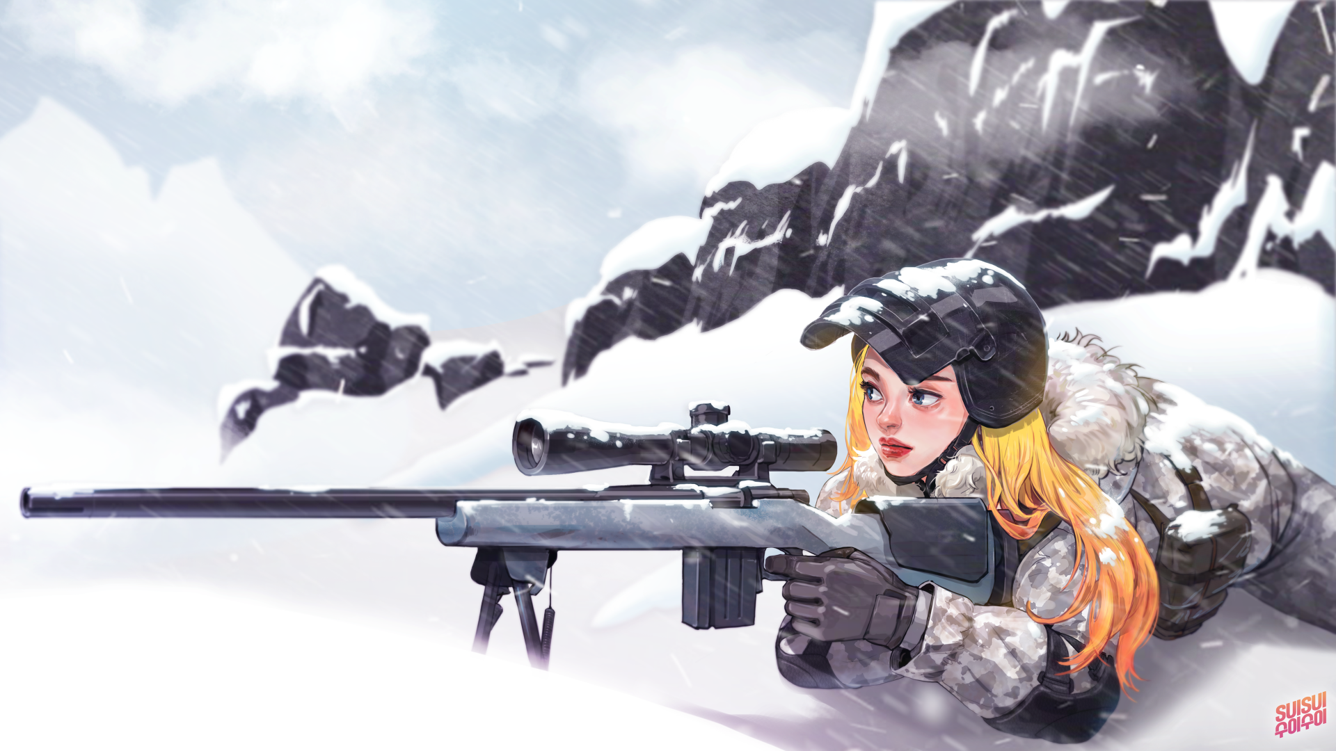 High-definition desktop wallpaper featuring a PlayerUnknown's Battlegrounds character with a sniper rifle, set against a snowy mountain backdrop.