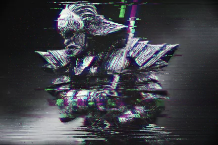 HD desktop wallpaper with glitch art depicting a fantasy samurai, blending traditional armor with digital distortion.