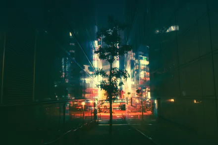 A neon-lit tree stands amidst city buildings at night in Japan, creating a striking contrast between nature and man-made urban lights in this HD desktop wallpaper.