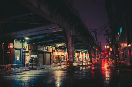 Neon-lit street in a Japanese city at night, showcasing wet pavement reflecting vibrant lights beneath elevated train tracks in an HD desktop wallpaper.