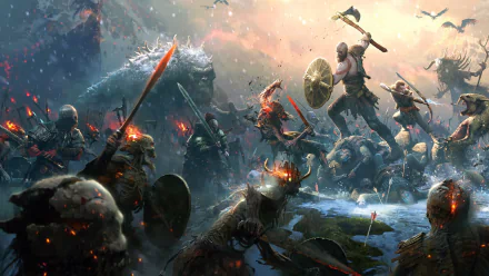 HD desktop wallpaper showcasing an intense battle scene featuring Kratos from God of War (2018), wielding weapons and surrounded by enemies in a snowy, fiery battlefield.