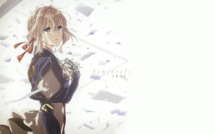 HD desktop wallpaper featuring Violet Evergarden character in a dynamic pose with floating letters, themed with 'Sincerely True' text.