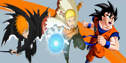 An 8K Ultra HD anime crossover wallpaper featuring Ichigo Kurosaki from Bleach, Naruto Uzumaki from Boruto/Naruto, and Goku from Dragon Ball in dynamic action poses.