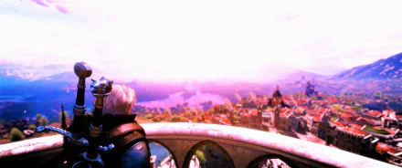 HD PC desktop wallpaper featuring a fantasy cityscape from The Witcher 3: Wild Hunt - Blood and Wine expansion, showcasing Geralt overlooking the vibrant world.