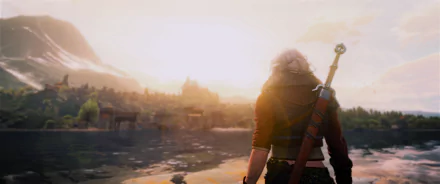 HD fantasy wallpaper from The Witcher 3: Wild Hunt - Blood and Wine, featuring Geralt overlooking a sunlit, medieval town by the water in this video game scene.