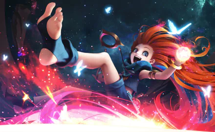 HD desktop wallpaper featuring Zoe from League of Legends, surrounded by colorful and vibrant effects, with an energetic and whimsical pose.