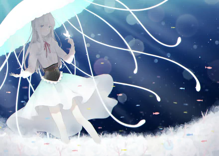 HD anime original desktop wallpaper featuring a girl in a white dress surrounded by glowing lines and soft blue light, creating a serene, ethereal atmosphere.