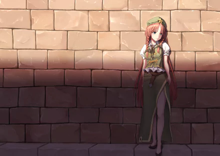 HD PC desktop wallpaper of Hong Meiling (Touhou) — anime character in a green uniform, standing in warm sunlight and shadow against a textured brick wall