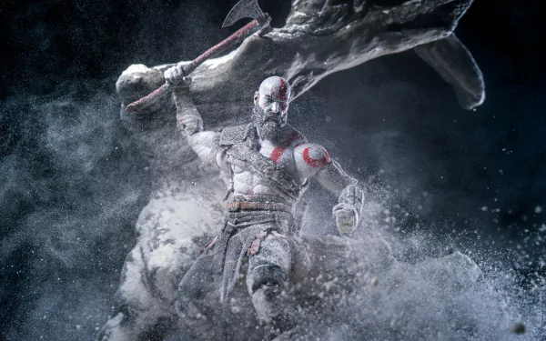 HD desktop wallpaper featuring a figurine of Kratos from God of War (2018), mid-battle amidst a dynamic, dust-filled backdrop.