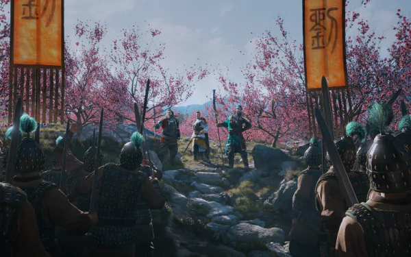 HD PC desktop wallpaper from the video game Total War: THREE KINGDOMS, featuring warriors gathered under blossoming cherry trees with banners flying.