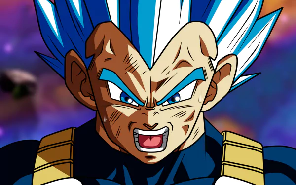 HD desktop wallpaper featuring Vegeta from Dragon Ball Super in an intense moment, with a colorful cosmic background.