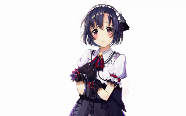 Hotaru Shiragiku (The iDOLM@STER Cinderella Girls) in anime style: shy pose in a black gothic-lolita dress with white sleeves and red bow — HD PC desktop wallpaper/background