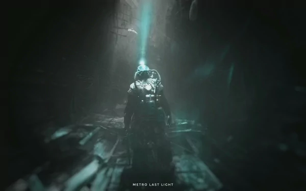 Dark underwater scene from the video game Metro: Last Light, captured in 4K Ultra HD, featuring a lone diver illuminated by a glowing light beam.