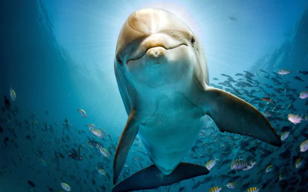 An HD desktop wallpaper showcasing an underwater scene with a friendly dolphin swimming among various fish. The sunlight filters through the water, highlighting the dolphin and sea life in a stunning blue ocean.