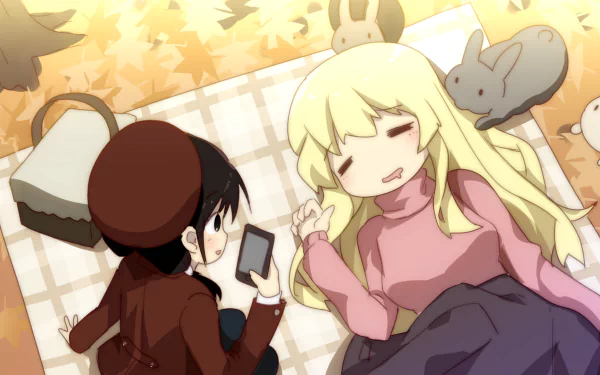 Anime-style HD desktop wallpaper featuring Chito and Yuuri from Girls' Last Tour resting on a blanket surrounded by plush rabbits in a warm, autumn setting.