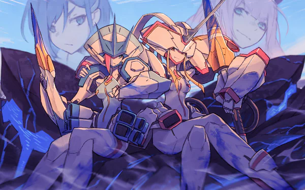 HD desktop wallpaper of Darling in the FranXX featuring Zero Two and Ichigo amidst dramatic battle scenes, with their larger images in the background.